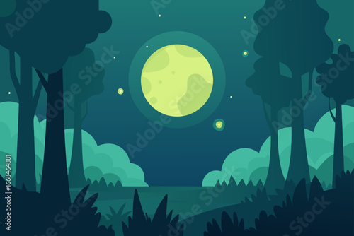 Night landscape with full moon and trees silhouette