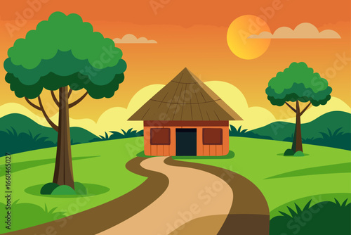 A house with trees and a path at sunset scenery