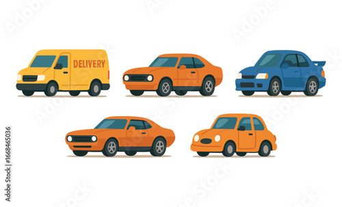 Colorful flat style vehicles set featuring cars, police, ambulance, and delivery van