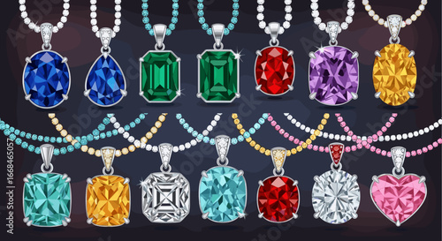 Display of colorful gemstone pendants with silver chains on a dark background showcasing jewelry