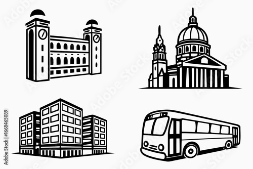 Iconic City Landmarks and Transportation Icons.