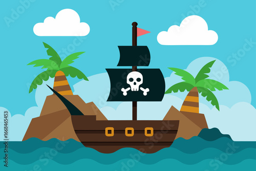 Cartoon pirate ship sailing near tropical islands