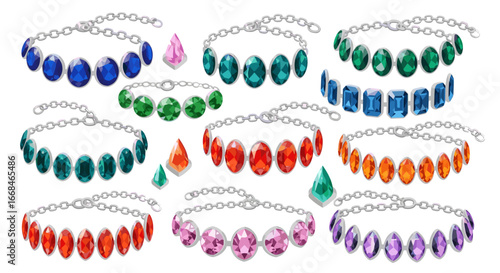 A collection of gemstone bracelets with silver chains and various colored oval and drop shaped gems