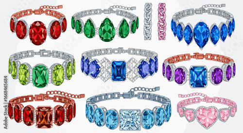 Assortment of nine bracelets with different colored gemstones and metal chain links on white background