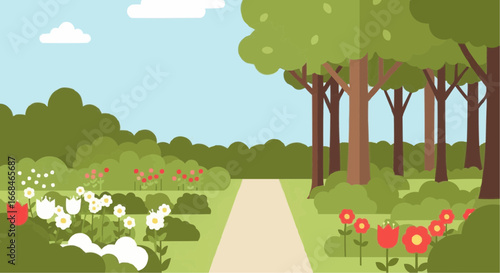 A picturesque park scene with a pathway, trees, and colorful flowers.