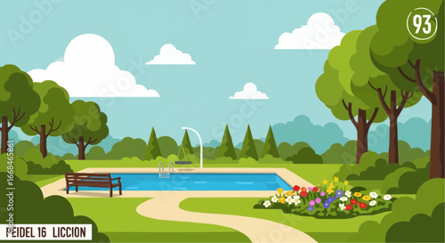 An inviting outdoor swimming pool nestled in a lush green garden with trees, a winding path, a bench, and colorful flowers under a blue sky.