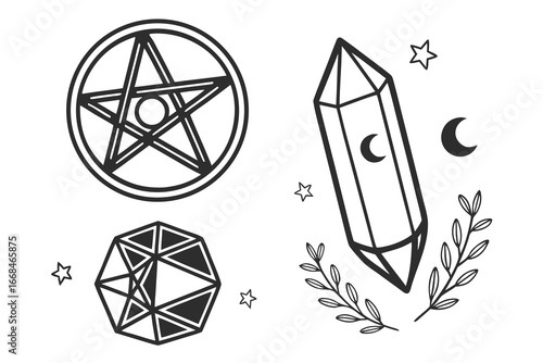 Mystical Symbols Pentagram Crystal Moon and Geometric Shape.