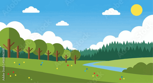 A serene landscape with trees, a river, and a grassy field under a partly cloudy sky.