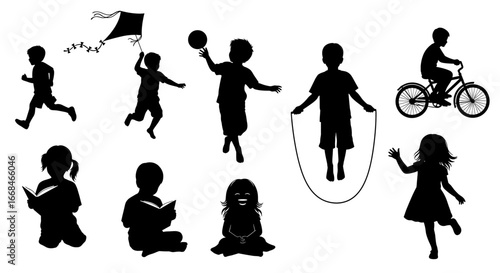 Children Silhouettes Enjoying Different Activities: A Versatile Childhood Illustration