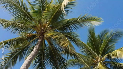 Wallpaper Mural Two vibrant green palm trees stand tall against a clear blue sky, showcasing their fronds and coconuts in a tropical setting. Torontodigital.ca