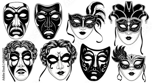 Diverse Collection of Vector Masquerade Masks in Black and White