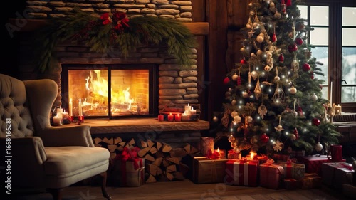 Christmas cozy interior with tree and fireplace