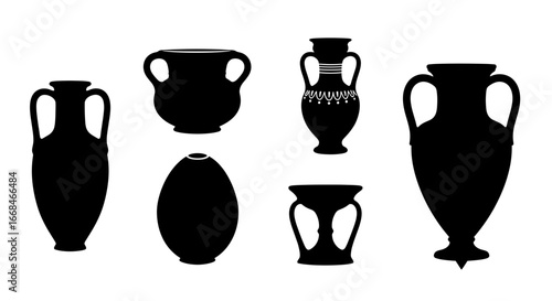 Silhouettes of Ancient Greek Vases and Pottery Vessels Illustration