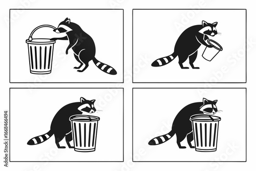 Raccoon rummaging through trash can.