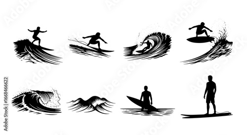Surfing Silhouettes Collection: Ocean Riders and Crashing Waves in Black and White