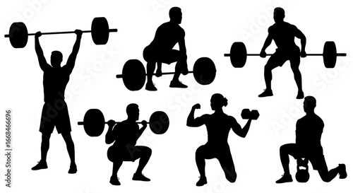 Silhouette of Strong People Lifting Weights and Doing Squats
