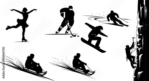 Diverse winter sports monochrome silhouettes, including figure skating and ice climbing