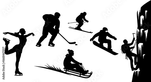 Winter Sports Silhouettes: Ice Skating, Hockey, Skiing, Snowboarding, Sledding, and Climbing