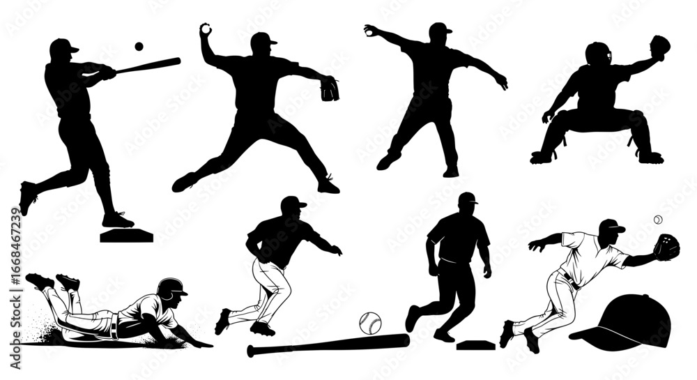 Fototapeta premium Dynamic silhouettes showcase versatile baseball players in action on the field.