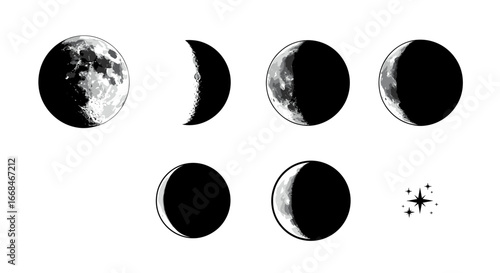 Lunar cycle phases in a row with small stars illustration