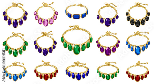 Collection of fifteen gold chain necklaces with colorful gemstone pendants and one gemstone bracelet