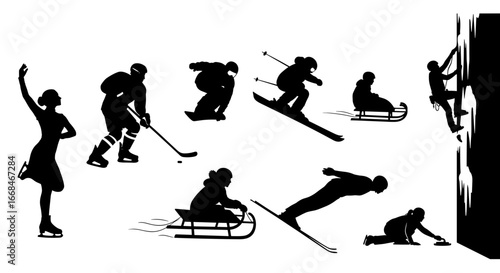 Winter Sports Silhouette Collection on a White Background