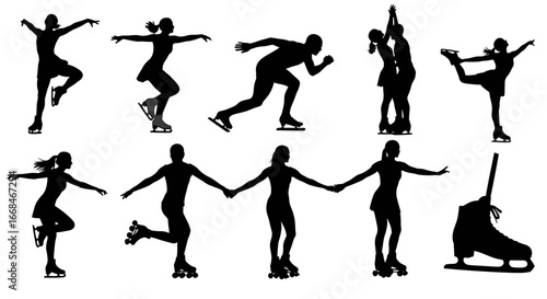 Skating and Rollerblading Silhouettes Collection Against White Backdrop