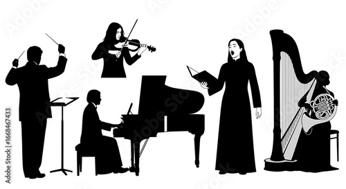 Orchestral Harmony: A Symphony of Silhouettes in Black and White Art