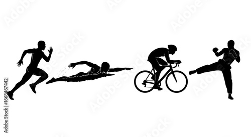Black Silhouette Icons Displaying Triathlon Events on White Background