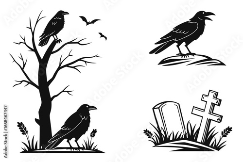 Silhouette of Ravens Bats and Gravestones.