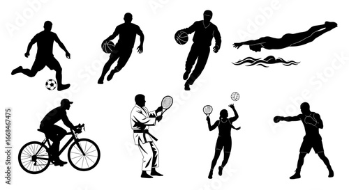 Diverse athletic pursuits showcased through striking black and white silhouette vector art