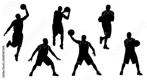 Dynamic Basketball Players: Black Silhouette Action Poses on White Background
