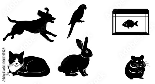 Assorted Pet Silhouettes Featuring Cat, Dog, Bird, Fish, Rabbit, Hamster