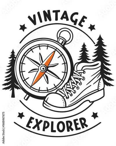 Vintage Explorer Emblem with Compass, Boot, and Pines for Adventure Seekers and Outdoor Enthusiasts, Evoking a Nostalgic Feel