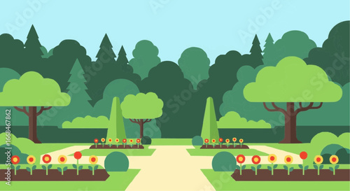 A well-maintained park with a pathway, flowers, and trees.