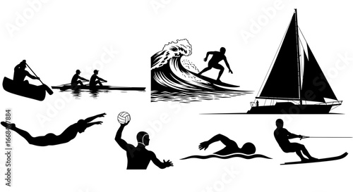 Exciting water sports activities: Silhouettes of athletes in action