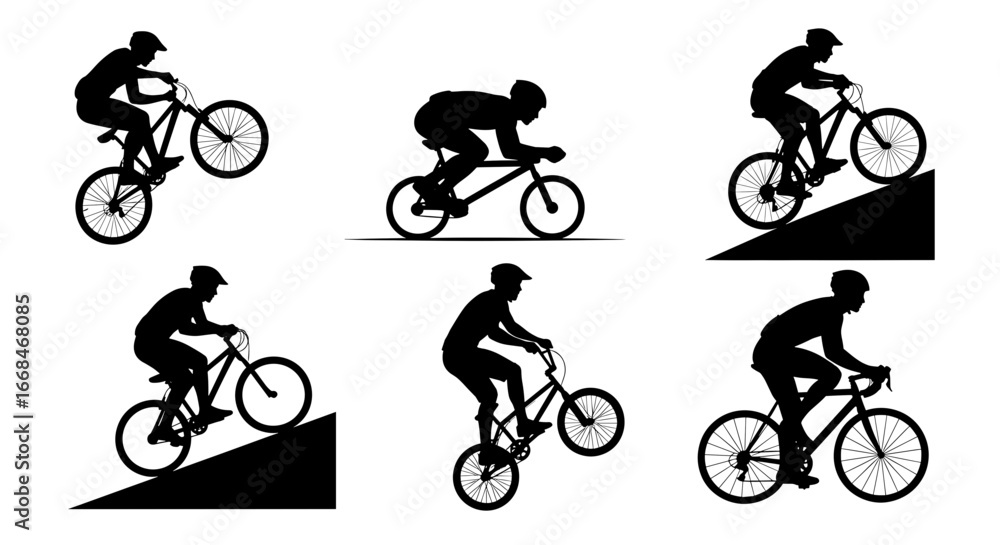 Fototapeta premium Cyclists Silhouette Vector Set Performing Various Biking Styles and Stunts