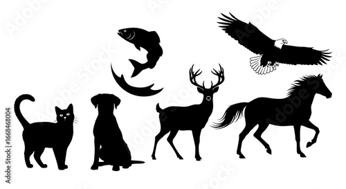 Graphic Animal Silhouettes Collection: Cat, Dog, Fish, Deer, Eagle, Horse
