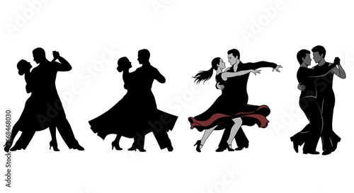 Elegant couples gracefully dance in silhouettes, isolated on a white backdrop