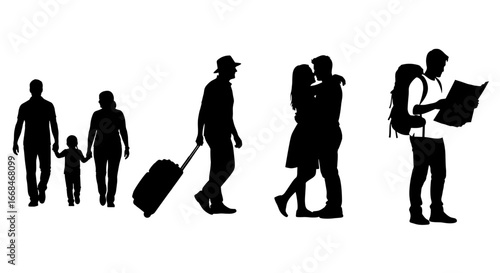 Diverse Travelers: A Black and White Silhouette Composition of People Traveling