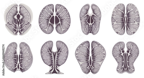 Eight stylized, symmetrical illustrations of organic forms, possibly anatomical or biological in nature, presented in a grid.