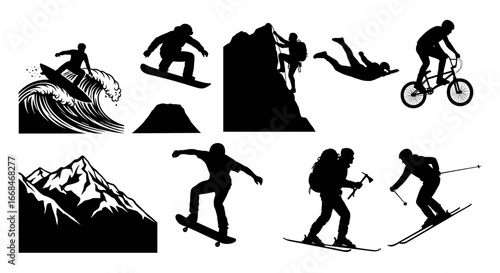 Extreme Sports Silhouette Collection with Surfing, Snowboarding, Climbing, and Skateboarding