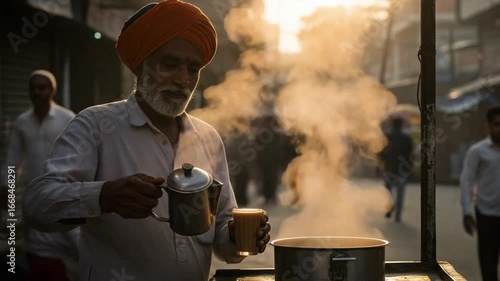 Man in Turban Pouring Tea at Sunrise in Busy Market