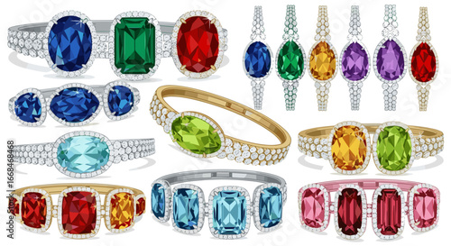 Assortment of gemstone bracelets in various colors and designs featuring diamond accents and metal settings