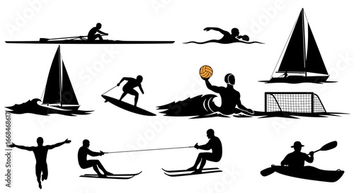 Diverse Water Sports Silhouette Collection on a Clean White Background