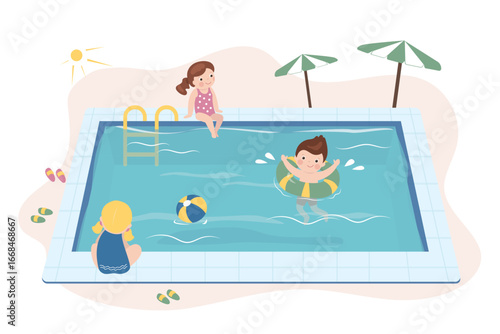 Group of children in swimming pool, cute boy and girls enjoying a swim. Swimming boy in water. Friends have summer time activity. Pool in resort or tropical beach club.