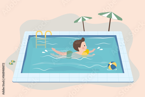Swimming pool, cute boy enjoying a swim. Swimming boy gliding on tummy in water. Pool in resort or tropical beach club. Summer time activity.