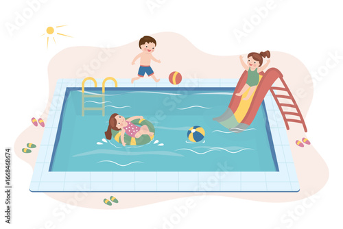 Group of children in swimming pool, cute boy and girls enjoying swim. Children ride down water slide, swim on an inflatable ring in pool. Summer time activity.