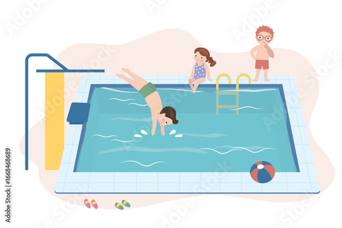 Group of children in swimming pool, cute boy and girls enjoying swim. Children jumping from diving board, swim in pool. Summer time activity. Pool in resort or tropical beach club