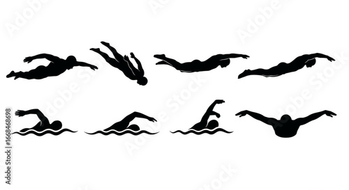 Dynamic Swimming Positions Showcasing Different Strokes in Silhouette Style